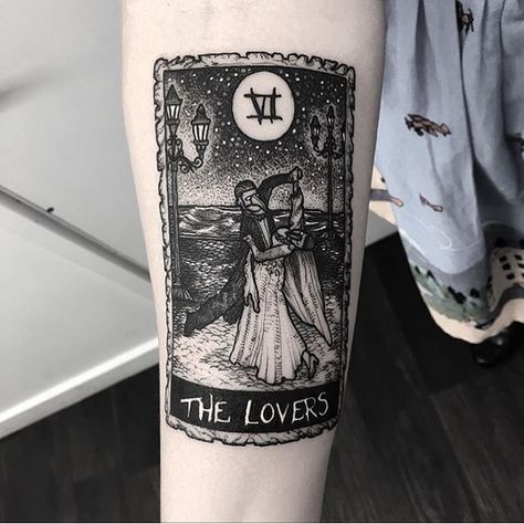 Tarot card ‘The lovers’ tattoo inked on the right inner arm The Lovers Card Tattoo, Tarot Card Tattoo Meaning, Lovers Card Tattoo, Tarot Spreads For Love, The Lovers Tarot Card Tattoo, The Lovers Tattoo, The Lovers Card, Tattoo Placement Arm, Lovers Tattoo