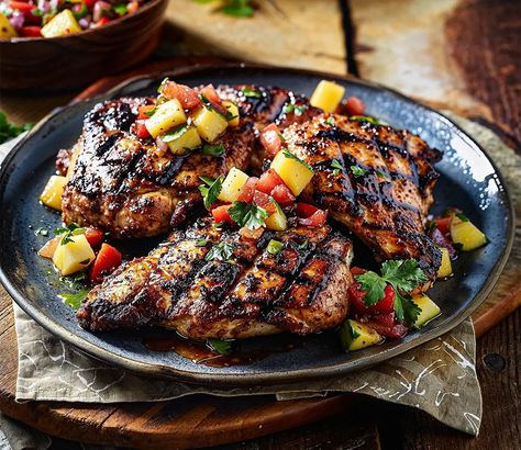 Jerk Chicken With Pineapple Salsa, Jerk Chicken With Pineapple, Chicken With Pineapple Salsa, Chicken With Pineapple, Juicy Grilled Chicken, Caribbean Jerk Chicken, Jerk Seasoning, Pineapple Salsa, Jerk Chicken