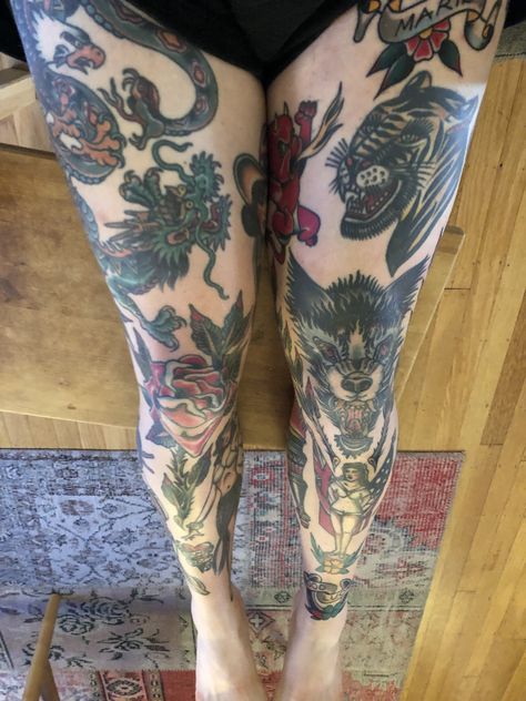 Leg Tattoos Traditional, American Traditional Leg Tattoo, Traditional Leg Tattoos, Traditional Leg Tattoo, Traditional Leg Sleeve, Tattoos Traditional, Post Grad, Leg Sleeve, Leg Tattoo