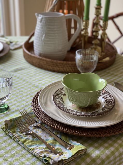 Mikasa Italian Countryside+Spode Woodland+Olfaire Lettuceware; Villeroy & Boch Artesano Green (Glassware); Gorham Column Gold (Flatware) Mikasa Italian Countryside, Spode Woodland, Green Glassware, Gold Flatware, Italian Countryside, Villeroy & Boch, Tablescapes, Flatware, Mother’s Day