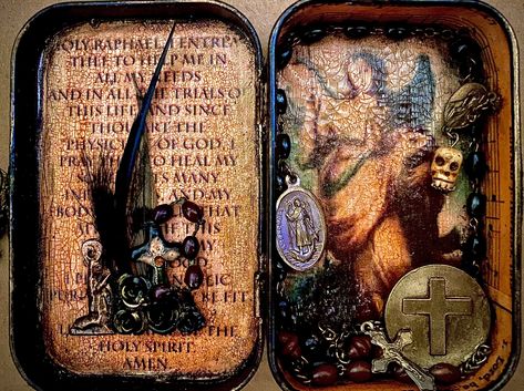 Altoid Altar, Pocket Shrine Diy, Altoids Tin Altar, Raphael Archangel, Altoid Tin Altar Witchcraft, Tin Shrine, St Raphael Archangel, Altar Catholic, Tibetan Skull