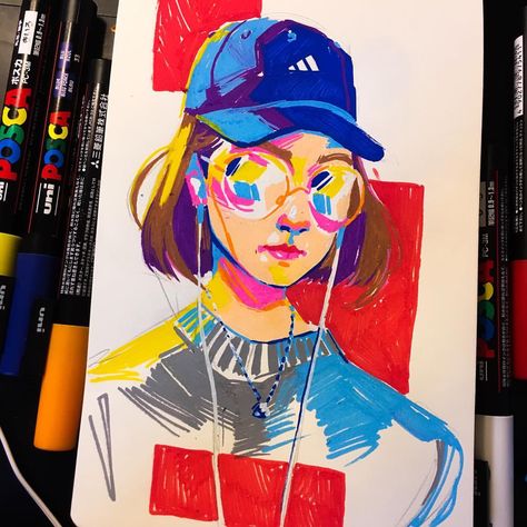 Speedy self portrait in posca pens. I had way too much fun :o) #posca #ポスカ Glasses Reflection Drawing, Marker Pop Art, Colored Marker Art, Marker Pen Illustration, Posca Pen Portrait, Marker Art People, Creative Self Portrait Drawing, Marker Portrait Drawing, Marker Art Aesthetic