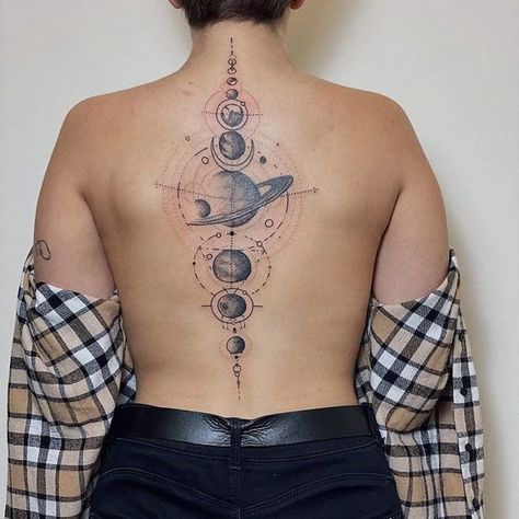 Solar System Tattoo. Flower Spine Tattoos, Solar System Tattoo, Planet Tattoos, Silhouette Tattoos, Small Pretty Tattoos, Petite Tattoos, Floral Tattoo Sleeve, Spine Tattoos For Women, Red Ink Tattoos