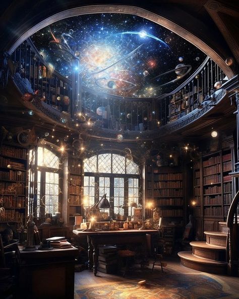 Magical Study Room, Wizard Study Aesthetic, Wizard Study Room, Fantasy Study Room, Ravenclaw Study, Cosmic Room, Wizard Study, Fantasy Astronomy, Cosmic Library