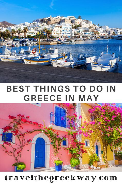 A View from a Port with Fishing Boats and Some Houses on the Hill. Colorful Houses With Flowers on a Greek Island. Greece In The Spring, Greece In May, Greece Activities, Athens Beach, Things To Do In Greece, To Do In Greece, Athens Metro, Ancient Olympia, Greece Architecture