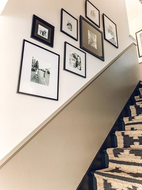 Painted Stair Wall Ideas, Staircase Half Wall Paint, Stairway Frames Ideas, Stairway Chair Rail, Dark Stairway Paint Colors, Solid Wall Staircase, Neutral Decor With A Pop Of Color, Half Painted Stairs Wall, Half Painted Stairway