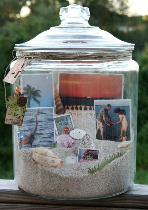 Beach Memory Jars, Beach Jar, Memory Jars, Memory Jar, Shells And Sand, Thrift Store Crafts, Vacation Memories, Decorated Jars, Jar Diy