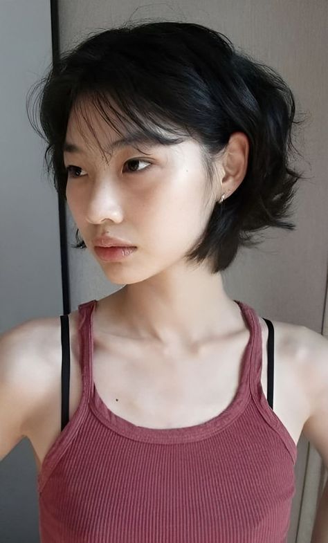 Bob Hairstyle No Bangs, Hoyeon Haircuts, Short Haircut Outfits For Women, Short Hair Women Long Face, Unusual Short Haircuts, Rough Hair Styles Women, Chunky Layered Bob, Short Hair Bangs Asian, Asian Haircuts Short