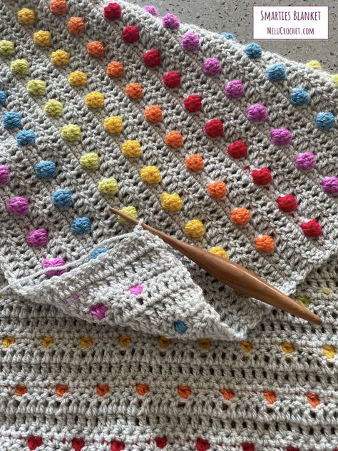 Smarties Bobble Blanket by Melu Crochet – MELU Crochet Crochet Patterns Newborn Boy, Crochet Bobble Blanket, Bobble Stitch Crochet Blanket, Bobble Blanket, Crochet Blanket Rainbow, Bobble Stitch Crochet, Bobble Crochet, Crocheted Blanket, Modern Crochet Patterns