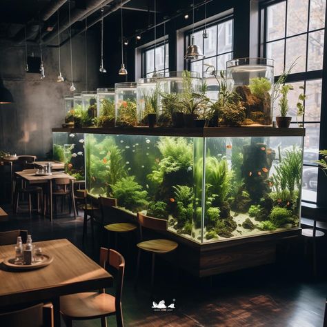 Aquarium Cafe, Greenhouse Cafe, Aquarium Store, Fish Tank Design, Indoor Water Fountains, Art Cafe, Tea Bar, Tank Design, Pet Stuff