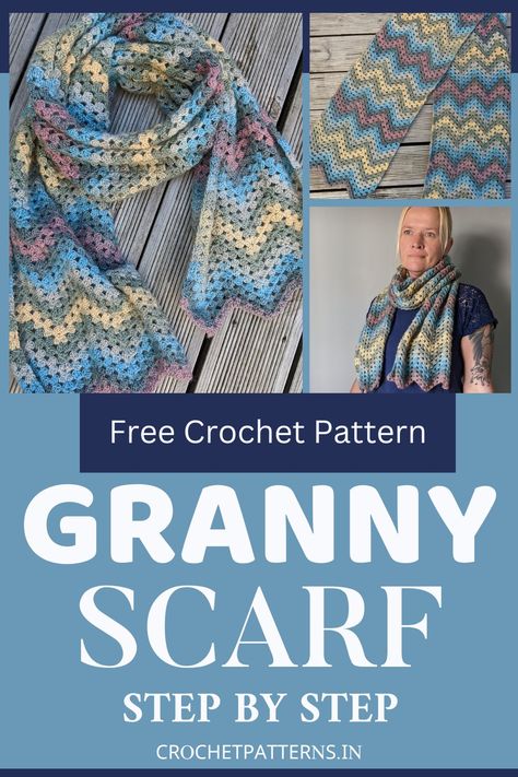 Crochet Granny Scarf Ladies Scarf Crochet Pattern, Granny Scarf Crochet Pattern, Crochet Granny Scarf, Crocheted Scarves Free Patterns, Crochet Granny Square Scarf, Granny Scarf, Crochet Hooded Scarf Pattern, Scarf Inspiration, Crochet Lace Scarf Pattern