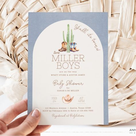 Cowboy Twin Baby Shower Invitation Twin Boy Baby Shower Themes, Twin Baby Shower Ideas Decoration, Twin Boy Baby Shower Ideas, Twin Baby Shower Ideas Theme, Twins Baby Shower Theme, Twin Baby Shower Theme, Twin Baby Shower Ideas, Cowboy Baby Shower Theme, Twin Boys Baby Shower