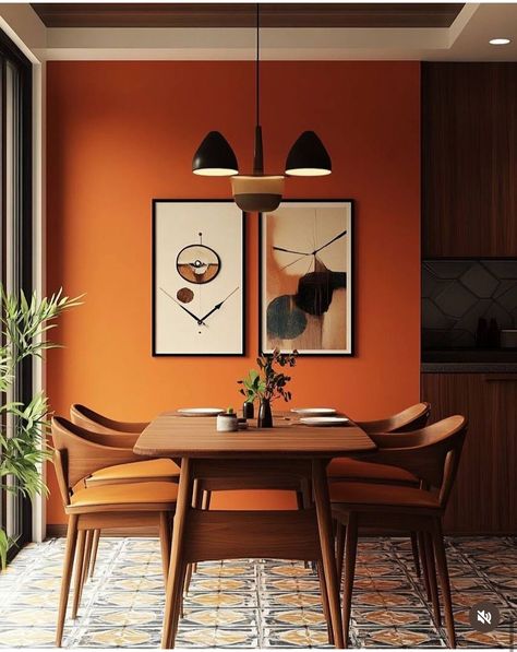 Mid Century Modern Dining Room Wall Art, Dining Room Elevation, Burnt Orange Dining Room, Mid Century Modern Wall Colors, Southwest Mid Century Modern, Mid Century Modern Dining Room Ideas, Mid Century Modern Accent Wall, Midcentury Modern Kitchen Table, Midcentury Modern Dining Room