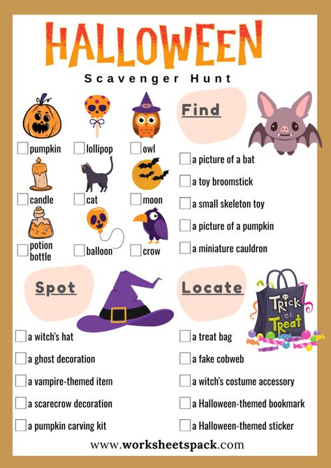 Halloween Scavenger Hunt Ideas, Scavenger Hunt Template, Thanksgiving Scavenger Hunt, Halloween Quiz, Scavenger Hunt Ideas, Scarecrow Decorations, Preposition Worksheets, Shape Worksheets For Preschool, Spooky Games