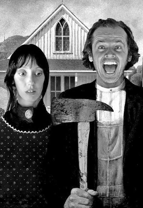 Shelly Duvall and Jack Nicholson, American Gothic In 'The Shining' Style. American Gothic Parody, Septième Art, I Love Cinema, American Gothic, Art Parody, Jack Nicholson, Stanley Kubrick, Photo Vintage, Classic Horror