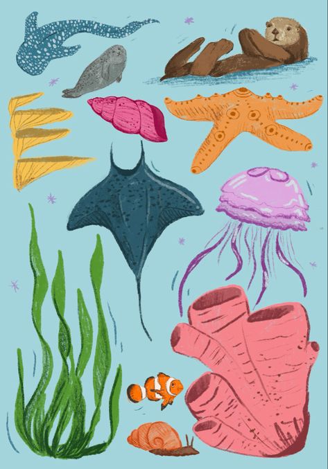 My own illustration, capturing the beautiful vibrancy , variation and biodiversity of the ocean; appreciating flora and fauna!! Ocean Flora, Fauna Illustration, Ocean Illustration, Flora Fauna, Flora And Fauna, The Ocean, Illustrations, Quick Saves, Color