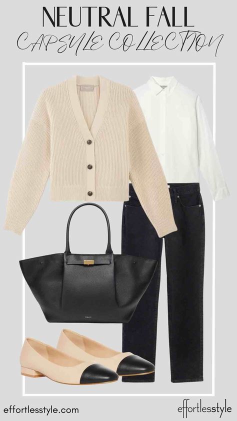 How To Wear Our Neutral Fall Capsule Wardrobe Cardigan & Black Jeans classic looks for fall timeless looks for fall how to wear ballet flats with jeans how to wear black jeans to the office how to style black jeans for work Cream Top And Jeans Outfit, How To Wear Black Jeans, Black Jeans Outfit Work, Ivory Cardigan Outfit, Boyfriend Cardigan Outfit, Cardigan Outfit Black, Flats With Jeans, Beige Cardigan Outfit, Outfit Black Jeans