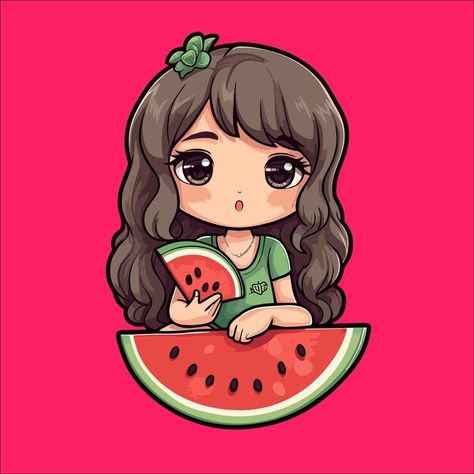 Watermelon Digital Art, Pixel Watermelon, Watermelon Character, Watermelon Graphic, Cute Cartoon Food, Watermelon Vector, Watermelon Cartoon, Watermelon Illustration, Watermelon Girl