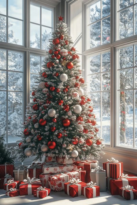 A tall Christmas tree adorned with red and white ornaments, surrounded by gifts in a bright room with snowy views. Flocked Christmas Tree Decorated Red, Red White Christmas Decor, Red And White Ornaments, Red And White Christmas Decor, Tall Christmas Tree, White Christmas Decor Ideas, Cozy Table, Tall Christmas Trees, Elegant Ornaments