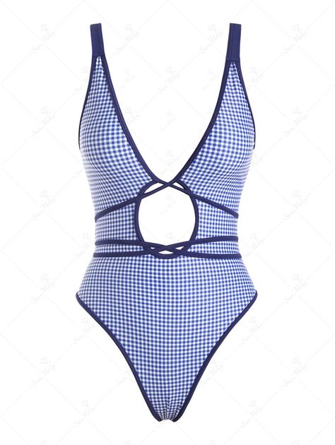 Seamolly Blue Gingham Tie Around Criss Cross Backless Plunging Neck One-piece Swimsuit Bright Swimsuit, Gingham Swimsuit, Cute One Piece, Floral Swimwear, Neon Bikinis, Vintage Swimsuits, Plunging Neck, Cute Bathing Suits, Blue Swimsuit