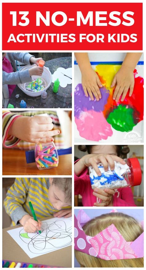 It's so much fun to dig in the dirt and stick your fingers in paint. But sometimes we are in need of activities for kids that aren't messy at all Dump And Pour Activities, No Mess Crafts For Kids, No Mess Crafts, Babysitting Activities, Indoor Activities For Toddlers, Painting Activities, Activities For Toddlers, Outdoor Activities For Kids, Rainy Day Activities