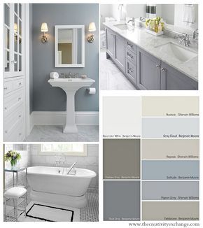 Choosing Bathroom Wall and Cabinet Colors {Paint It Monday} The Creativity Exchange Modern Vintage Bathroom, Bathroom Furniture Ideas, Vintage Bathroom Decor, White Bathroom Cabinets, Bathroom Color Schemes, Bathroom Paint, Bathroom Paint Colors, Bathroom Color, Bathroom Design Decor