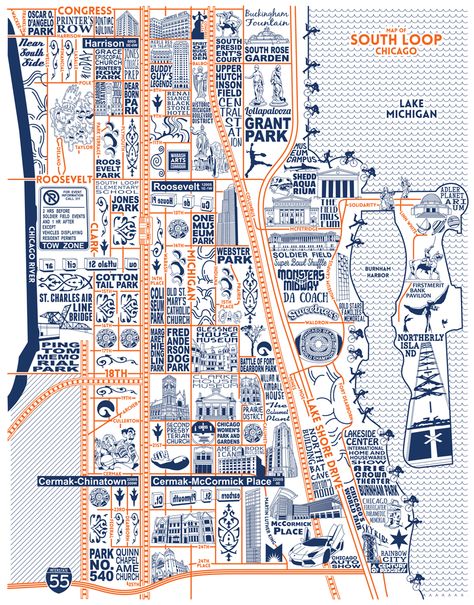 The South Loop Map is the twenty-second in a series of illustrations that will chronicle the major landmarks, parks, streets, buildings, structures, history and events of the neighborhoods of Chicago. Chicago Neighborhoods Map, South Loop Chicago, Chicago Living, United Nations Peacekeeping, Chicago Vacation, Map Diagram, Chicago Aesthetic, Chicago Loop, Village Map