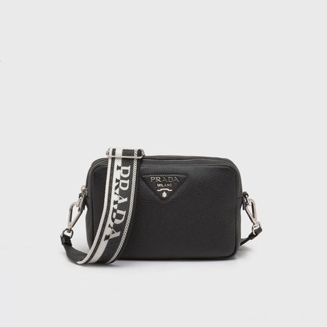 Black Leather bag with shoulder strap | Prada Prada Purses, Metal Lettering, Prada Shoulder Bag, Camera Bags, Mens Travel Bag, Messenger Bag Backpack, Prada Leather, Cross Bag, Handbag Wallet