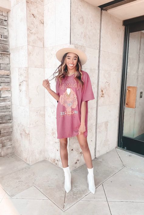 How to style a tshirt dress Concert Tshirt Dress, Tshirt Dress Concert Outfit, Band Tee Dress, Band Tshirt Dress Outfit, Graphic Tshirt Dress, Graphic T Shirt Dress Outfit, Tshirt Dress Cowboy Boots Outfit, Styling Tshirt Dress, Tshirt Dress And Cowboy Boots Outfit