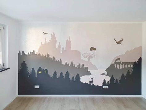 Harry Potter Nursery Painting, Nursery Harry Potter Theme, Harry Potter Bedroom Mural, Harry Potter Nursery Wallpaper, Harry Potter Nursery Wall, Harry Potter Nursery Mural, Baby Nursery Inspiration Small Room, Harry Potter Accent Wall, Harry Potter Mural Wall