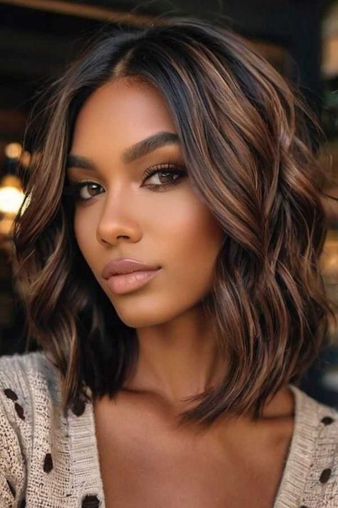 29 Dark Chocolate Brown Hair Ideas for Medium-Length Hair - ReenaSidhu Mid Length Hair Color Ideas, Chocolate Brown Hair Bob, Shoulder Length Hair Color, Chocolate Brown Hair Ideas, Brown Bob Hair, Short Dark Brown Hair, Dark Chocolate Brown Hair, Brown Hair Ideas, Light Brown Highlights