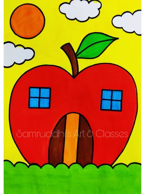 Drawing For Class 1 Kids, Home Drawing For Kids, Drawing For Kids Easy Children, Eat Drawing, Small Easy Drawings, School Wall Art Ideas, Basic Drawing For Kids, Drawing Pictures For Kids, House Drawing For Kids