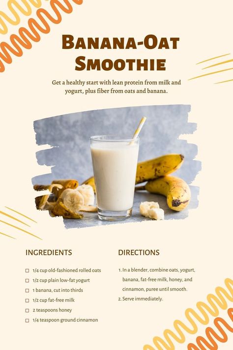 Banana-Oat Smoothie Banana Oat Smoothie, Peanut Butter Shake, Delicious Smoothie Recipes, How To Make Oats, Oat Smoothie, Banana Oat, Yummy Smoothie Recipes, Peanut Butter Honey, Low Fat Yogurt