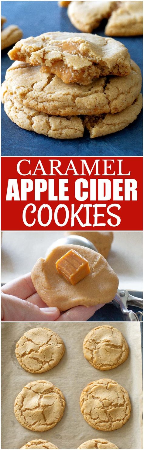 Caramel Apple Cider Cookies are soft with a chewy caramel center. These cookies are one of my favorite recipes to bake in the fall. #caramel #apple #cookies #recipe Cider Cookies, Apple Cider Cookies, Recipes To Bake, Caramel Apple Cider, Caramel Apple Cookies, Chewy Caramel, Apple Cider Caramels, Apple Cookies, My Favorite Recipes