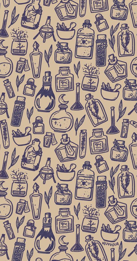 An illustrated repeat pattern design of various bottles of potions and herbs. Medieval, fantasy look with a large variety of forms, shapes and decorations. light brown background and dark blue, aged looking lineart Herbalist Aesthetic Wallpaper, Apothecary Phone Wallpaper, Witch Bottles Drawing, Potions Aesthetic Drawing, Simple Potion Bottle Tattoo, Simple Dnd Art, Witch Potion Ingredients, Herbs Drawing Simple, Bujo Magic Theme