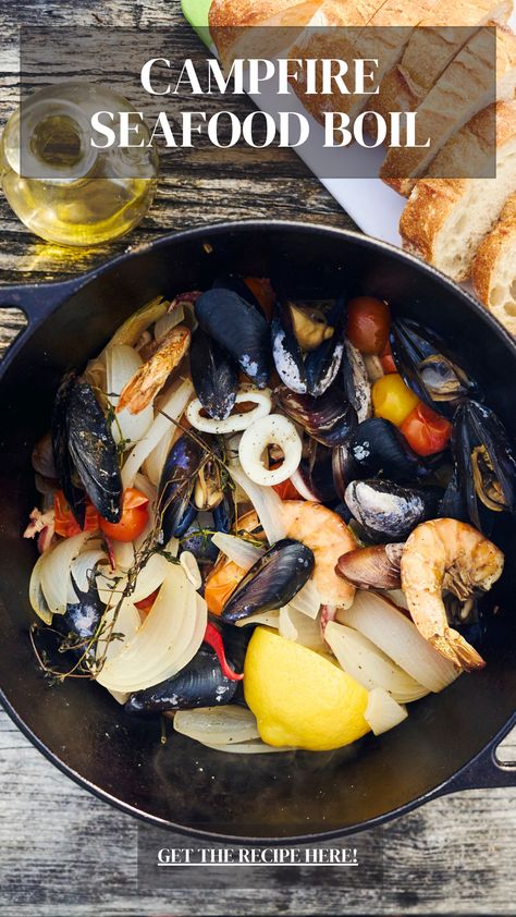 Campfire Seafood Boil with Chorizo Campfire Seafood Boil, Seafood Camping Recipes, Campfire Fish Recipes, Camping Seafood Boil, Over Fire Cooking, Shrimp Boil In Oven, Cast Iron Recipes Dinner, Seafood Broil, Shrimp In The Oven