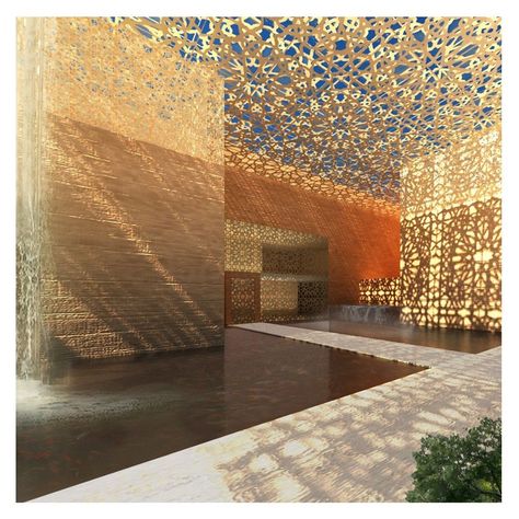 This was happening some years before the Louvre masterpiece in #sadiyatisland! Mashrabia roof design for a private Wellness centre - Abu Dhabi. #uae M+N Architecture  #patterns #pattern #patterndesign #patterndesigner #modern #mashrabiya #mashrabia #wellnessspa #spaday #wellnesscentre #contemporarydesign #amazingarchitecture #architecturehunter #architectureanddesign #sustainablearchitecture #sustainableliving #sustainability #context #spadesign #pool #poolside #luxuryliving #interiordesign Mashrabia Design, Modern Mashrabiya, Mashrabiya Pattern, Children Library, Ceiling Feature, Wellness Centre, Islamic History, Greek House, Kids Library