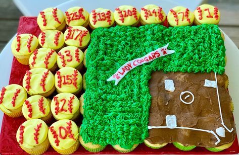 Softball Cupcake Cake Softball Pull Apart Cupcakes, Softball Cupcake Cake, Softball Sheet Cake, Softball Cupcakes Ideas, Softball Desserts, Softball Banquet Ideas, Softball Birthday Cakes, Softball Cakes, Softball Cupcakes