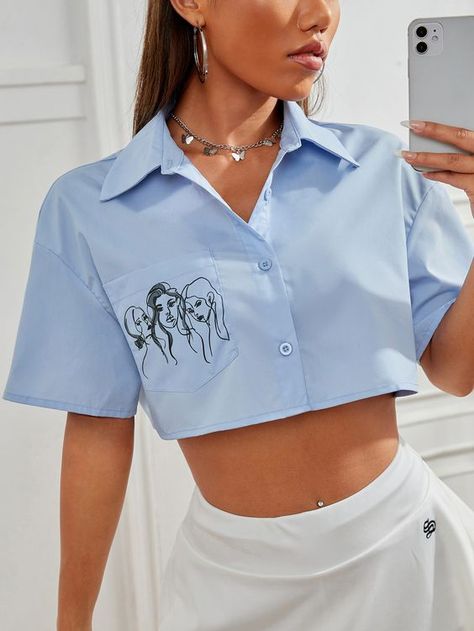 Camisa Crop Top Outfit, Crop Tops With Jeans, Cropped Shirt Outfit, Purple Top Outfit, Crop Shirts For Women, Casual Blouse Designs, Blue Shirt With Jeans, Stylish Crop Top, Shirt Crop Top