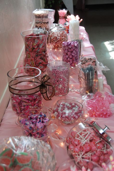 Candy Buffet at Alexis' Sweet Sixteen Party Sweet 16 Candy Buffet, Sweet 16 Cupcakes, Sweet 16 Candy, Birthday Table Decorations, Sweet 16 Cakes, Pink Birthday Party, Sweet Sixteen Parties, Sweet 16 Birthday Party, Sweet Sixteen Birthday