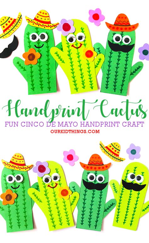 Cinco de Mayo Handprint Cactus Craft Fiesta Crafts For Toddlers, Fiesta Theme Crafts, Mexico Arts And Crafts, Cinco De Mayo Arts And Crafts For Kids, Mexican Activities, Fiesta Crafts For Kids, Cactus Handprint Craft, Mexican Crafts For Preschool, Mexico Independence Day Crafts For Kids