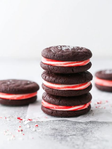 Chocolate Candy Cane Sandwich Cookies - Completely Delicious Cherry Chip Cake, Cookie Tips, Chewy Chocolate Cookies, Peppermint Cream, Christmas Cookie Recipes, Candy Cane Cookies, Peppermint Cookies, Perfect Cookie, Chocolate Peppermint