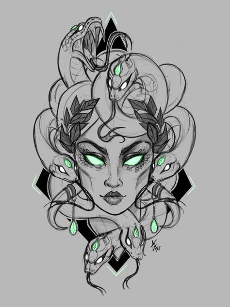 Medusa Art Reference, Medusa Statue Tattoo Design, Snake Goddess Tattoo, Goddess Of Snakes, Medusa Tattoo With Color, Medusa Throat Tattoo, Medusa Sketch Tattoo, Madussa Art, Medusa Chest Tattoo Female