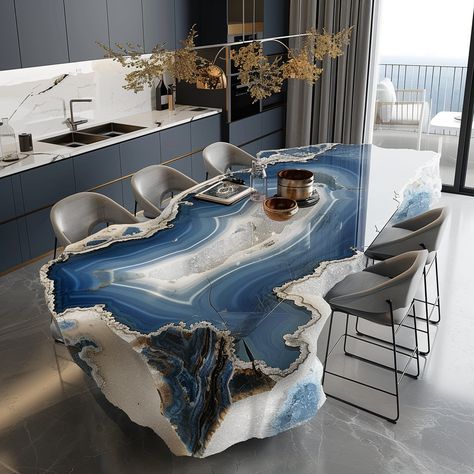 Unique Natural Stone Countertops, Mood Board Coastal, Futuristic Home Interior, Rock Furniture, Aquarium Coffee Table, Cozy Kitchen Aesthetic, Farmhouse Kitchen Coffee Bar, Bedroom Lake House, Crystal Kitchen