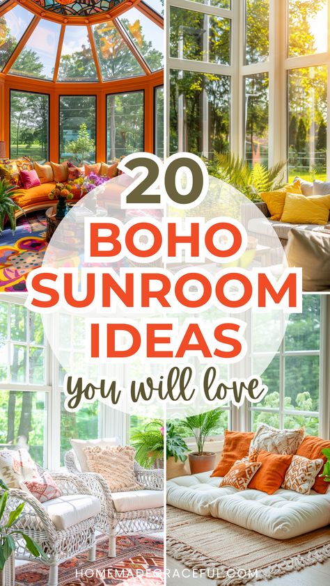 boho sunroom ideas Boho Style Sunroom, Sunrooms With Fireplace, Turn Porch Into Sunroom, Sunroom Plans Layout, Beautiful Screened In Porches, Small Sunroom Decor, Sunroom Front Of House, Cosy Conservatory Ideas Sunrooms, Bohemian Sunroom Ideas