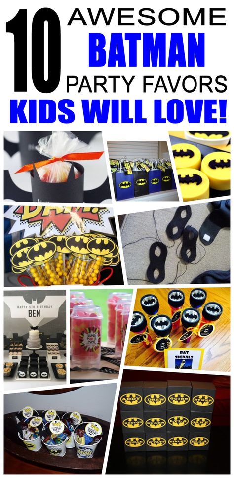 Batman party favors kids will love. Fun and cool batman birthday party favor ideas for children. Easy goody bags, treat bags, gifts and more for boys and girls. Get the best batman birthday party favors any child would love to take home. Loot bags, loot boxes, goodie bags, candy and more for batman party celebrations. Batman Snacks For Party, Batman Treats, Batman Party Foods, Batman Party Favors, Batman Party Supplies, Birthday Party Favors For Kids, Batman Themed Birthday Party, Kids Birthday Party Food, Party Favor Ideas