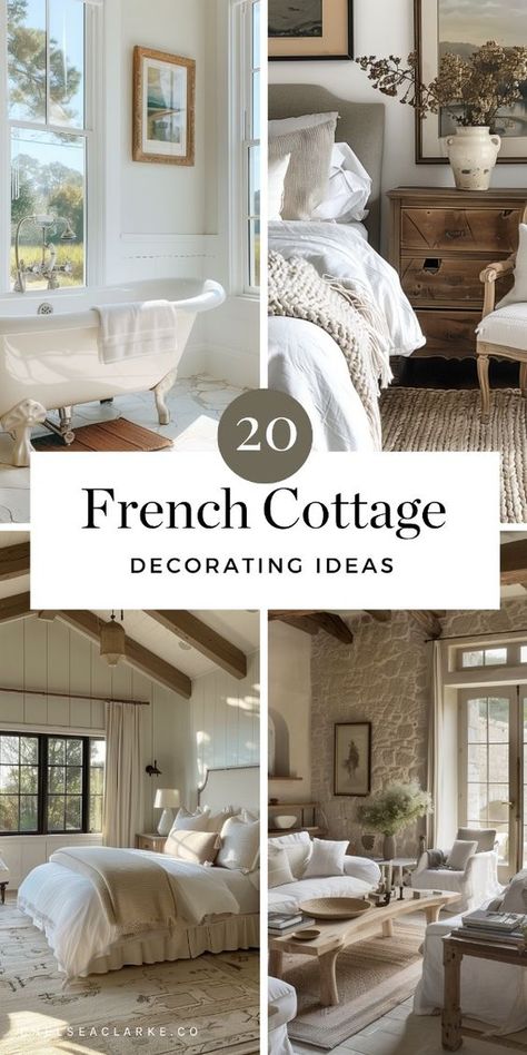 The modern French country cottage interior design style is very popular, for good reason! It's a style that is elegant without being fussy. French cottage decor is cozy, inviting and nostalgic. It's like stepping into a classic film. In this Ultimate Guide To French Cottage Decor, you'll discover how to bring the French countryside into your home. French Country Bedroom With Iron Bed, French Creole Homes Interior Design, French Cottage Tiny House, Fresh Country Decor, Guest Room French Country, French Country Cottage Farmhouse, Courtney Allison French Country Cottage, French Country Design Living Room, French Country Tiny House Cottage Style