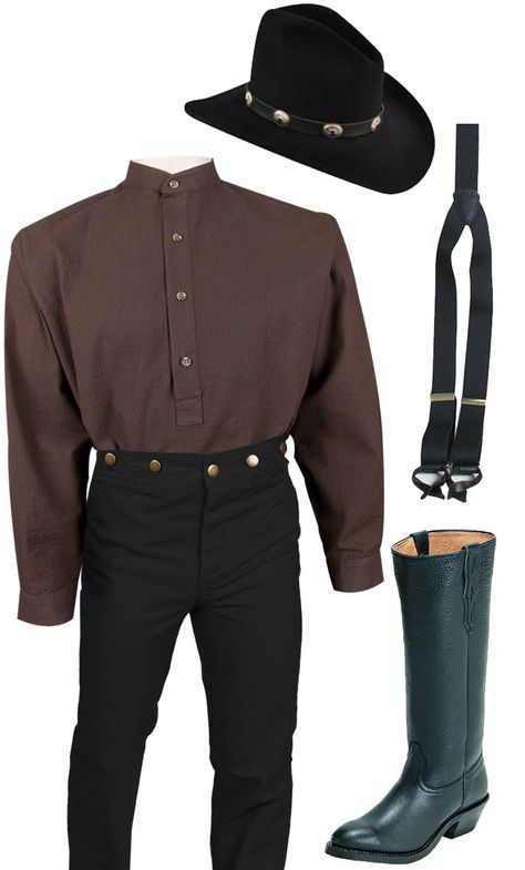 Classics Old West Style Brown Stripe Shirt with Suspenders, Bailey Hat, and Stovepipe Boots Old West Clothing Men, Old West Cowboy Gear, Wild West Outfits Men, Wild West Clothing, Old West Boots, Wild West Outfits, Bailey Hats, Red Dead Online, Western Costumes