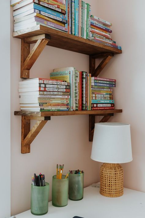 How To Make Wall Shelves Diy, How To Build Small Book Shelf, Wood Shelf Book, Bookshelves Hanging On Wall, Wall Shelf Ideas For Books, Kitchen Wall Shelf Ideas Wood, How To Stain Wood Shelves, Homemade Shelves Bedroom, Shelves In Bedroom Diy