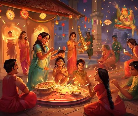 Diwali Composition Painting, Diwali Scene Drawing, Diwali Festival Drawing, Ganesh Drawing, Diwali Illustration, Village Scene Drawing, Festival Paint, Diwali Drawing, Cubicle Wall